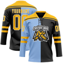 Laden Sie das Bild in den Galerie-Viewer, Uksn Individuelles Schwarz Gold Hellblau-Weiß Split-Fashion Eishockey-Trikot mit Schnürkragen