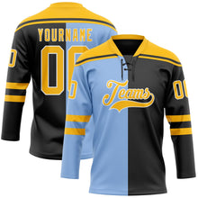 Laden Sie das Bild in den Galerie-Viewer, Uksn Individuelles Schwarz Gold Hellblau-Weiß Split-Fashion Eishockey-Trikot mit Schnürkragen