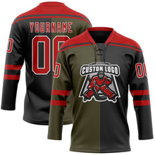 Laden Sie das Bild in den Galerie-Viewer, Uksn Individuelles Schwarz Rot Oliv-Weiß Split-Fashion Eishockey-Trikot mit Schnürkragen