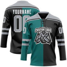 Laden Sie das Bild in den Galerie-Viewer, Uksn Individuelles Schwarz Grau Petrol-Weiß Split-Fashion Eishockey-Trikot mit Schnürkragen
