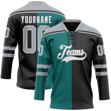 Laden Sie das Bild in den Galerie-Viewer, Uksn Individuelles Schwarz Grau Petrol-Weiß Split-Fashion Eishockey-Trikot mit Schnürkragen