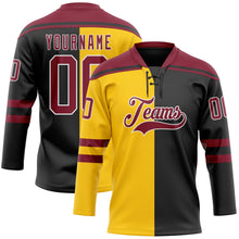 Laden Sie das Bild in den Galerie-Viewer, Uksn Individuelles Schwarz Karmesinrot Gelb-Weiß Split-Fashion Eishockey-Trikot mit Schnürkragen