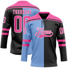 Laden Sie das Bild in den Galerie-Viewer, Uksn Individuelles Schwarz Pink Puderblau-Weiß Split-Fashion Eishockey-Trikot mit Schnürkragen