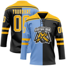 Laden Sie das Bild in den Galerie-Viewer, Uksn Individuelles Schwarz Gold Puderblau-Weiß Split-Fashion Eishockey-Trikot mit Schnürkragen