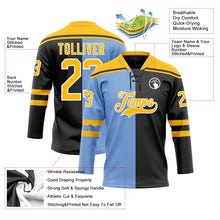 Laden Sie das Bild in den Galerie-Viewer, Uksn Individuelles Schwarz Gold Puderblau-Weiß Split-Fashion Eishockey-Trikot mit Schnürkragen