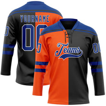 Laden Sie das Bild in den Galerie-Viewer, Uksn Individuelles Schwarz Royalblau Orange-Weiß Split-Fashion Eishockey-Trikot mit Schnürkragen
