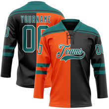 Laden Sie das Bild in den Galerie-Viewer, Uksn Individuelles Schwarz Petrol Orange-Weiß Split-Fashion Eishockey-Trikot mit Schnürkragen