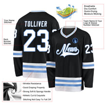 Laden Sie das Bild in den Galerie-Viewer, Uksn Individuelles Schwarz Weiß-Hellblau Eishockey-Trikot