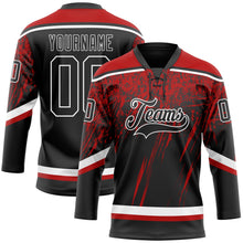 Laden Sie das Bild in den Galerie-Viewer, Uksn Individuelles Schwarz Rot-Weiß 3D-Splash Eishockey-Trikot mit Schnürkragen
