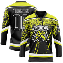 Laden Sie das Bild in den Galerie-Viewer, Uksn Individuelles Schwarz Neongelb-Weiß 3D-Splash Eishockey-Trikot mit Schnürkragen
