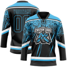 Laden Sie das Bild in den Galerie-Viewer, Uksn Individuelles Schwarz Himmelblau-Weiß 3D-Splash Eishockey-Trikot mit Schnürkragen
