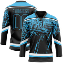 Laden Sie das Bild in den Galerie-Viewer, Uksn Individuelles Schwarz Himmelblau-Weiß 3D-Splash Eishockey-Trikot mit Schnürkragen
