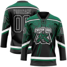 Laden Sie das Bild in den Galerie-Viewer, Uksn Individuelles Schwarz Kelly-Grün-Weiß 3D-Splash Eishockey-Trikot mit Schnürkragen
