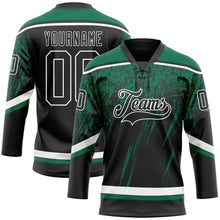 Laden Sie das Bild in den Galerie-Viewer, Uksn Individuelles Schwarz Kelly-Grün-Weiß 3D-Splash Eishockey-Trikot mit Schnürkragen
