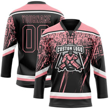 Laden Sie das Bild in den Galerie-Viewer, Uksn Individuelles Schwarz Mittelrosa-Weiß 3D-Splash Eishockey-Trikot mit Schnürkragen
