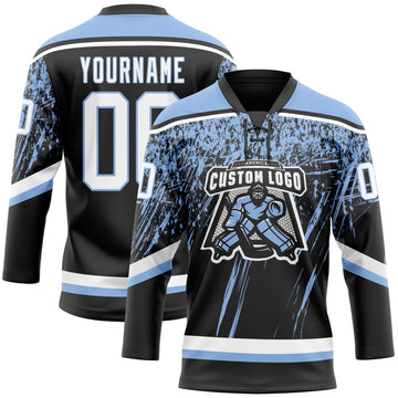 Uksn Individuelles Schwarz Weiß-Hellblau 3D-Splash Eishockey-Trikot mit Schnürkragen