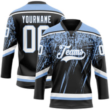 Laden Sie das Bild in den Galerie-Viewer, Uksn Individuelles Schwarz Weiß-Hellblau 3D-Splash Eishockey-Trikot mit Schnürkragen
