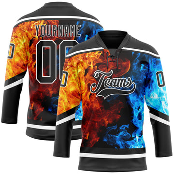 Uksn Individuelles Schwarz Weiß 3D-Flammen Eishockey-Trikot mit Schnürkragen