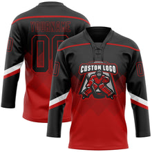 Laden Sie das Bild in den Galerie-Viewer, Uksn Individuelles Schwarz Rot 3D-Muster verlaufende Quadratformen Eishockey-Trikot mit Schnürkragen
