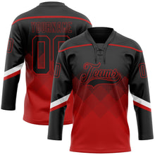 Laden Sie das Bild in den Galerie-Viewer, Uksn Individuelles Schwarz Rot 3D-Muster verlaufende Quadratformen Eishockey-Trikot mit Schnürkragen
