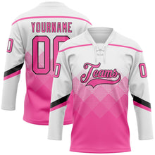 Laden Sie das Bild in den Galerie-Viewer, Uksn Individuelles Schwarz Pink-Schwarz 3D-Muster verlaufende Quadratformen Eishockey-Trikot mit Schnürkragen
