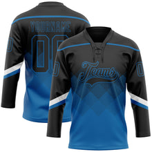 Laden Sie das Bild in den Galerie-Viewer, Uksn Individuelles Schwarz Blau-Weiß 3D-Muster verlaufende Quadratformen Eishockey-Trikot mit Schnürkragen
