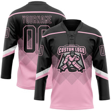 Laden Sie das Bild in den Galerie-Viewer, Uksn Individuelles Schwarz Hellrosa-Weiß 3D-Muster verlaufende Quadratformen Eishockey-Trikot mit Schnürkragen
