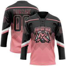 Laden Sie das Bild in den Galerie-Viewer, Uksn Individuelles Schwarz Mittelrosa-Weiß 3D-Muster verlaufende Quadratformen Eishockey-Trikot mit Schnürkragen
