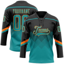 Laden Sie das Bild in den Galerie-Viewer, Uksn Individuelles Schwarz Petrol-Orange 3D-Muster verlaufende Quadratformen Eishockey-Trikot mit Schnürkragen

