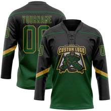 Laden Sie das Bild in den Galerie-Viewer, Uksn Individuelles Schwarz Grün-Altgold 3D-Muster verlaufende Quadratformen Eishockey-Trikot mit Schnürkragen
