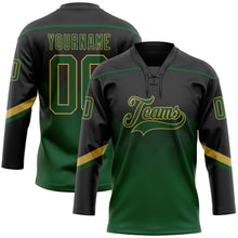 Laden Sie das Bild in den Galerie-Viewer, Uksn Individuelles Schwarz Grün-Altgold 3D-Muster verlaufende Quadratformen Eishockey-Trikot mit Schnürkragen
