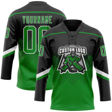 Laden Sie das Bild in den Galerie-Viewer, Uksn Individuelles Schwarz Grasgrün-Weiß 3D-Muster verlaufende Quadratformen Eishockey-Trikot mit Schnürkragen
