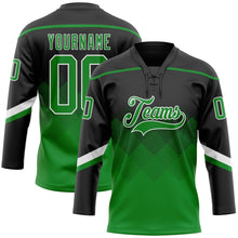 Laden Sie das Bild in den Galerie-Viewer, Uksn Individuelles Schwarz Grasgrün-Weiß 3D-Muster verlaufende Quadratformen Eishockey-Trikot mit Schnürkragen
