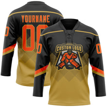 Laden Sie das Bild in den Galerie-Viewer, Uksn Individuelles Schwarz Orange-Altgold 3D-Muster verlaufende Quadratformen Eishockey-Trikot mit Schnürkragen
