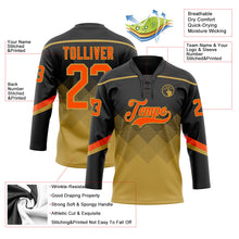 Laden Sie das Bild in den Galerie-Viewer, Uksn Individuelles Schwarz Orange-Altgold 3D-Muster verlaufende Quadratformen Eishockey-Trikot mit Schnürkragen
