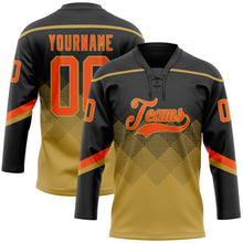 Laden Sie das Bild in den Galerie-Viewer, Uksn Individuelles Schwarz Orange-Altgold 3D-Muster verlaufende Quadratformen Eishockey-Trikot mit Schnürkragen
