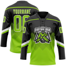 Laden Sie das Bild in den Galerie-Viewer, Uksn Individuelles Schwarz Neongrün-Weiß 3D-Muster verlaufende Quadratformen Eishockey-Trikot mit Schnürkragen
