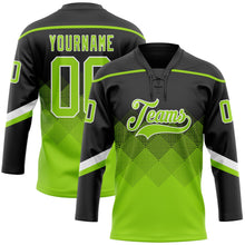 Laden Sie das Bild in den Galerie-Viewer, Uksn Individuelles Schwarz Neongrün-Weiß 3D-Muster verlaufende Quadratformen Eishockey-Trikot mit Schnürkragen
