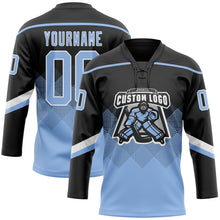Laden Sie das Bild in den Galerie-Viewer, Uksn Individuelles Schwarz Hellblau-Weiß 3D-Muster verlaufende Quadratformen Eishockey-Trikot mit Schnürkragen
