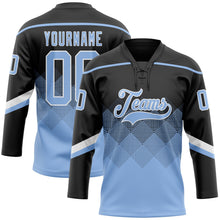 Laden Sie das Bild in den Galerie-Viewer, Uksn Individuelles Schwarz Hellblau-Weiß 3D-Muster verlaufende Quadratformen Eishockey-Trikot mit Schnürkragen
