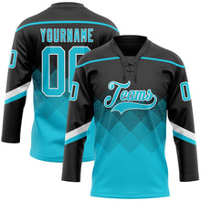 Laden Sie das Bild in den Galerie-Viewer, Uksn Individuelles Schwarz Lakes Blau-Weiß 3D-Muster verlaufende Quadratformen Eishockey-Trikot mit Schnürkragen
