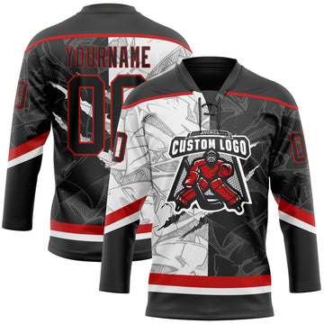 Uksn Individuelles Schwarz Weiß-Rot 3D-Muster Verlaufsdesign-Kratzer Eishockey-Trikot mit Schnürkragen