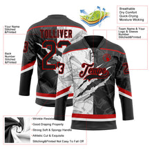Laden Sie das Bild in den Galerie-Viewer, Uksn Individuelles Schwarz Weiß-Rot 3D-Muster Verlaufsdesign-Kratzer Eishockey-Trikot mit Schnürkragen
