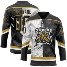 Laden Sie das Bild in den Galerie-Viewer, Uksn Individuelles Schwarz Weiß-Altgold 3D-Muster Verlaufsdesign-Kratzer Eishockey-Trikot mit Schnürkragen
