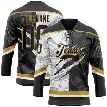 Uksn Individuelles Schwarz Weiß-Altgold 3D-Muster Verlaufsdesign-Kratzer Eishockey-Trikot mit Schnürkragen