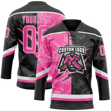 Laden Sie das Bild in den Galerie-Viewer, Uksn Individuelles Schwarz Pink-Weiß 3D-Muster Verlaufsdesign-Kratzer Eishockey-Trikot mit Schnürkragen
