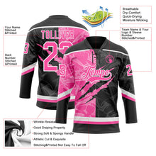 Laden Sie das Bild in den Galerie-Viewer, Uksn Individuelles Schwarz Pink-Weiß 3D-Muster Verlaufsdesign-Kratzer Eishockey-Trikot mit Schnürkragen
