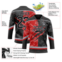 Laden Sie das Bild in den Galerie-Viewer, Uksn Individuelles Schwarz Rot-Grau 3D-Muster Verlaufsdesign-Kratzer Eishockey-Trikot mit Schnürkragen
