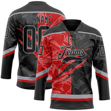 Laden Sie das Bild in den Galerie-Viewer, Uksn Individuelles Schwarz Rot-Grau 3D-Muster Verlaufsdesign-Kratzer Eishockey-Trikot mit Schnürkragen
