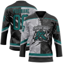 Laden Sie das Bild in den Galerie-Viewer, Uksn Individuelles Schwarz Petrol-Grau 3D-Muster Verlaufsdesign-Kratzer Eishockey-Trikot mit Schnürkragen
